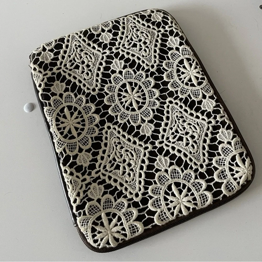IPAD Brown Faux Leather And Cream Crochet Zipper Boho Sleeve Case Cover 8x10
